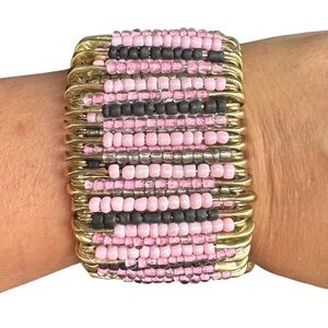 Pink, black, translucent 178 Beaded Bracelet with gold tone